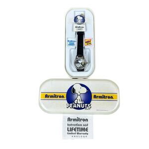 Vtg Armitron Peanuts Snoopy & Woodstock Water Resistant Watch Black Leather NEW